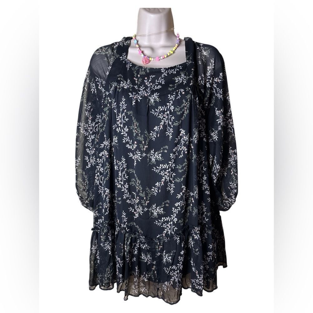 Millibon Black Dress pink green brown Floral pattern Sheer Layer Tieback Ruffle